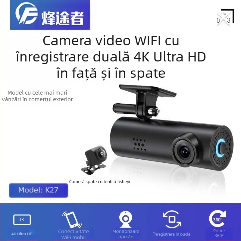 Camera auto 4K cu WiFi, unghi de vizualizare 170°, card TF de 128GB, înregistrare ciclică și monitorizare la parcare