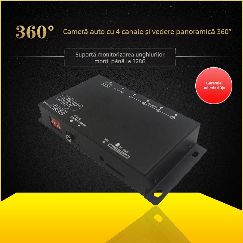 Registrator panoramic auto cu patru canale, obiectiv dual, 120°, H.264, card TF până la 128GB, alimentare 9–36V