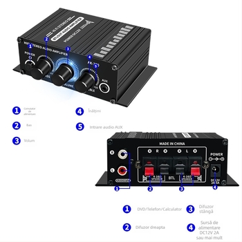 Amplificator HiFi mini pentru stereoul de mașină și pentru casă, ieșire pe 2 canale, intrări AUX/RCA, DC12V, 20W×2, 20 Hz–20 kHz, 4–8 Ω
