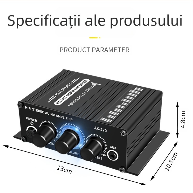 Amplificator HiFi mini pentru stereoul de mașină și pentru casă, ieșire pe 2 canale, intrări AUX/RCA, DC12V, 20W×2, 20 Hz–20 kHz, 4–8 Ω