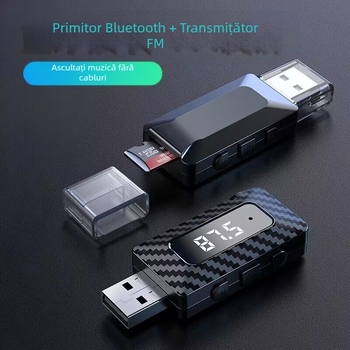 Adaptor USB Bluetooth audio și receptor pentru mașină, transmițător FM Bluetooth 5.0, 87,5–108 MHz, rază de 10 m, alimentare 5V