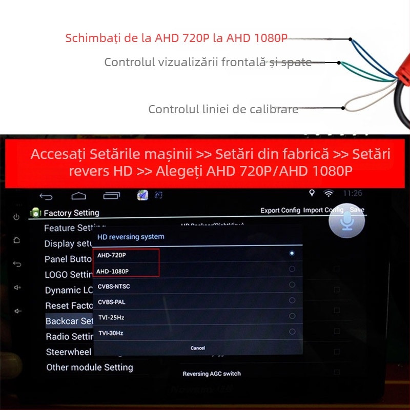 Cameră de recul cu fisheye 2K, unghi larg, semnal AHD, 1080x720, 12V, IP68