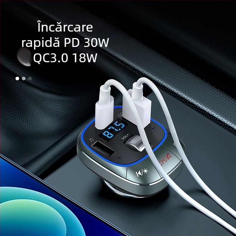 T76 MP3 player Bluetooth pentru mașină cu transmițător FM, redare USB flash drive, încărcare PD rapidă, alimentare 12-24V, ecran monocrom de 1,3 inch