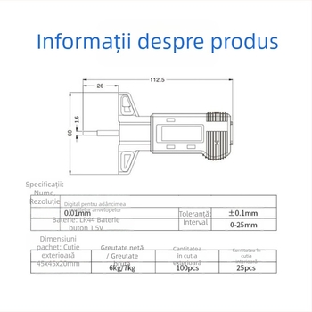 Wodilang Sondă digitală de adâncime pentru profilul de uzură al anvelopei, 0-25 mm, afișaj digital