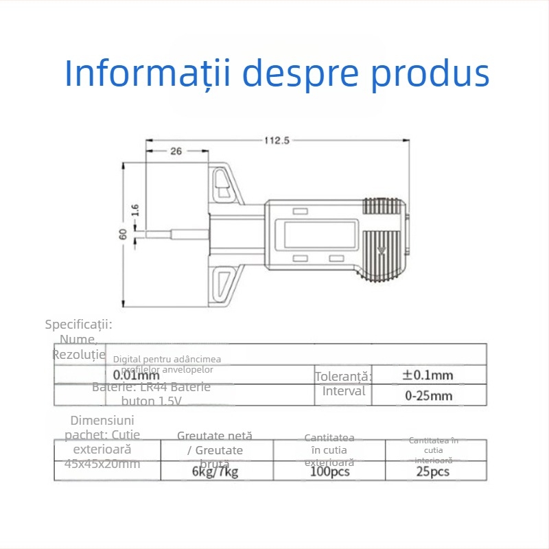 Wodilang Sondă digitală de adâncime pentru profilul de uzură al anvelopei, 0-25 mm, afișaj digital