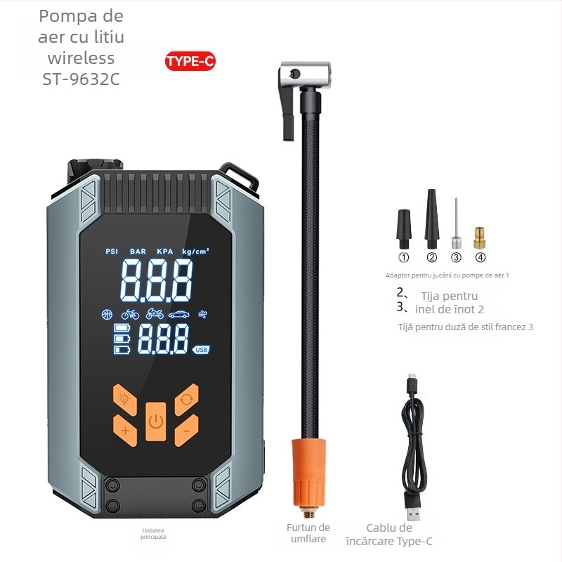 Pornire de urgență pentru mașină cu pompă de aer încorporată și încărcare USB, 14,8 V, 8 A, flux de aer 30 L/min, intrare Type-C