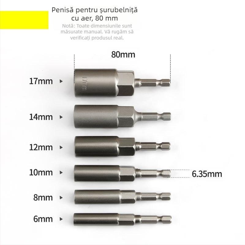 Set de 6 capete hexagonale externe, 80 mm lungime, oțel crom-vanadiu, standard metric
