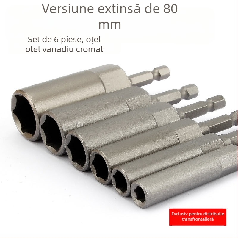 Set de 6 capete hexagonale externe, 80 mm lungime, oțel crom-vanadiu, standard metric