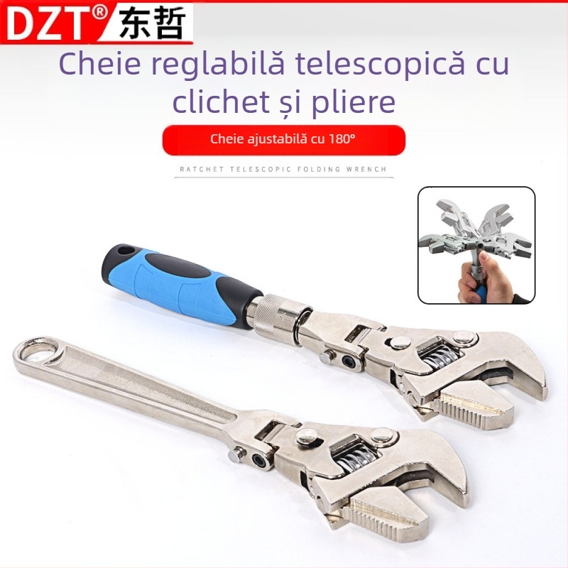 DZT Cheie Reglabilă Multifuncțională 5 în 1 cu Cap Plisat și Mecanism Telescopic Rapid – Oțel Crom-Vanadiu