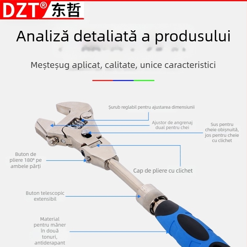DZT Cheie Reglabilă Multifuncțională 5 în 1 cu Cap Plisat și Mecanism Telescopic Rapid – Oțel Crom-Vanadiu
