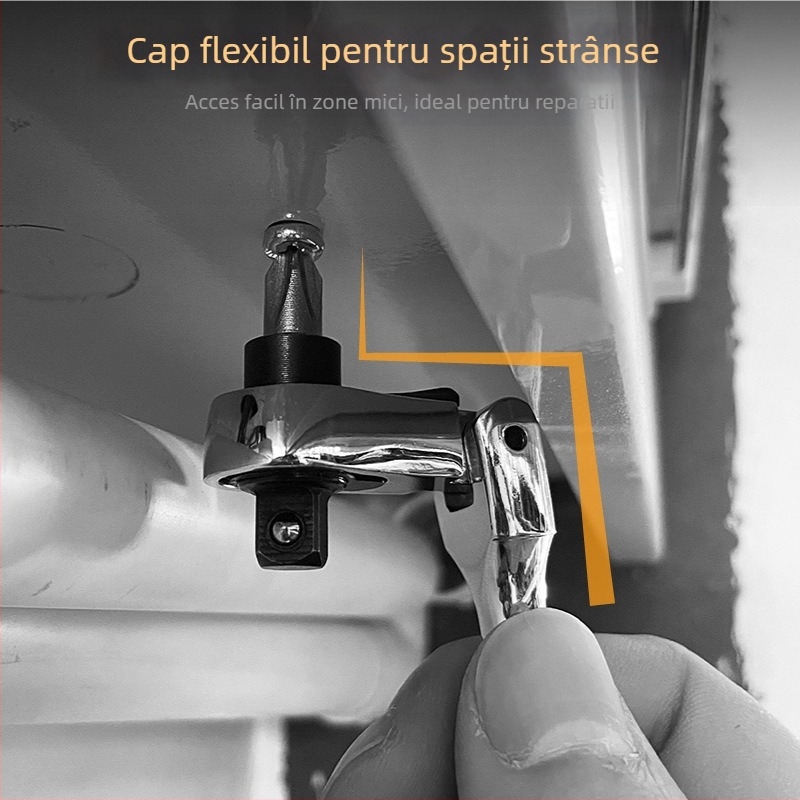 Cheie mini ratchet cu cap mobil, design dual-efect, din oțel crom-vanadiu, placare cromată, greutate 0.08 kg, funcționare în două direcții