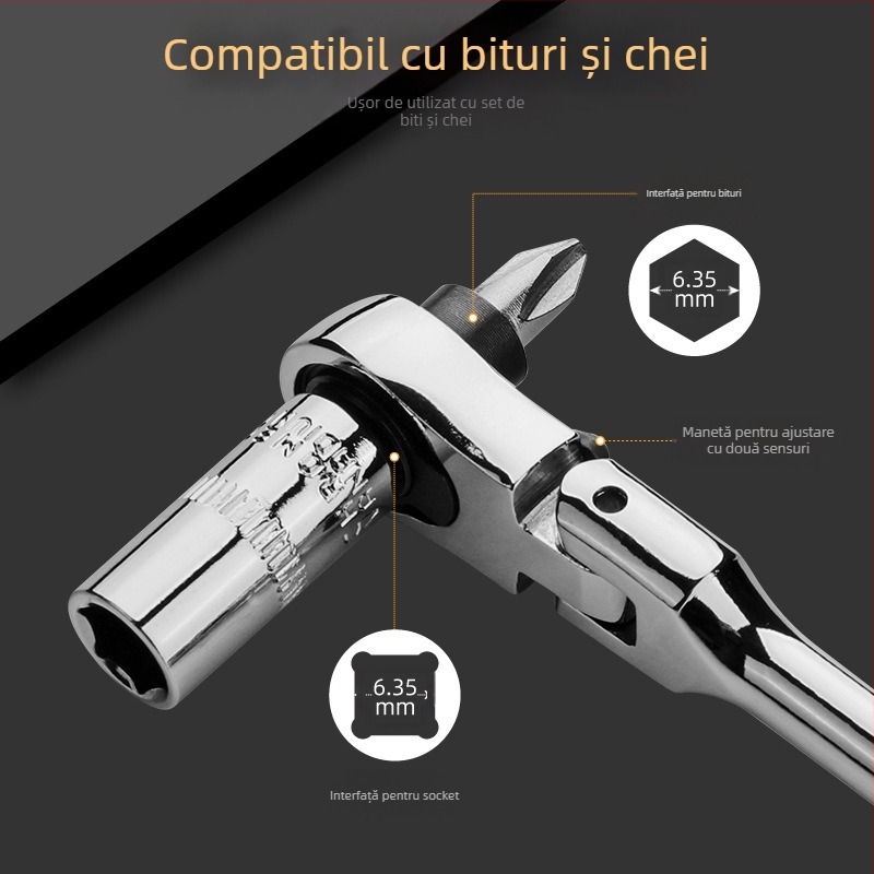 Cheie mini ratchet cu cap mobil, design dual-efect, din oțel crom-vanadiu, placare cromată, greutate 0.08 kg, funcționare în două direcții