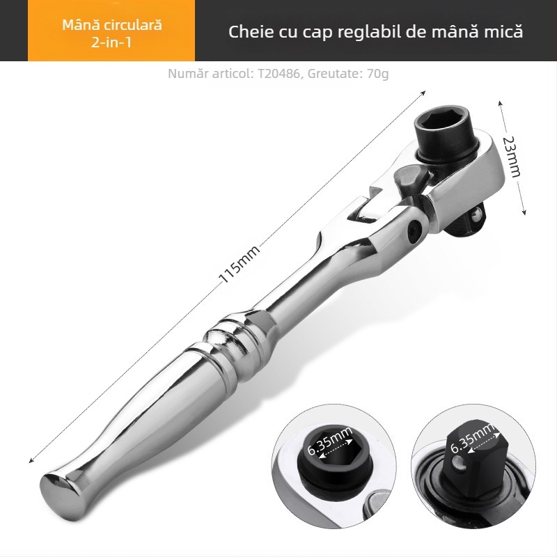 Cheie mini ratchet cu cap mobil, design dual-efect, din oțel crom-vanadiu, placare cromată, greutate 0.08 kg, funcționare în două direcții