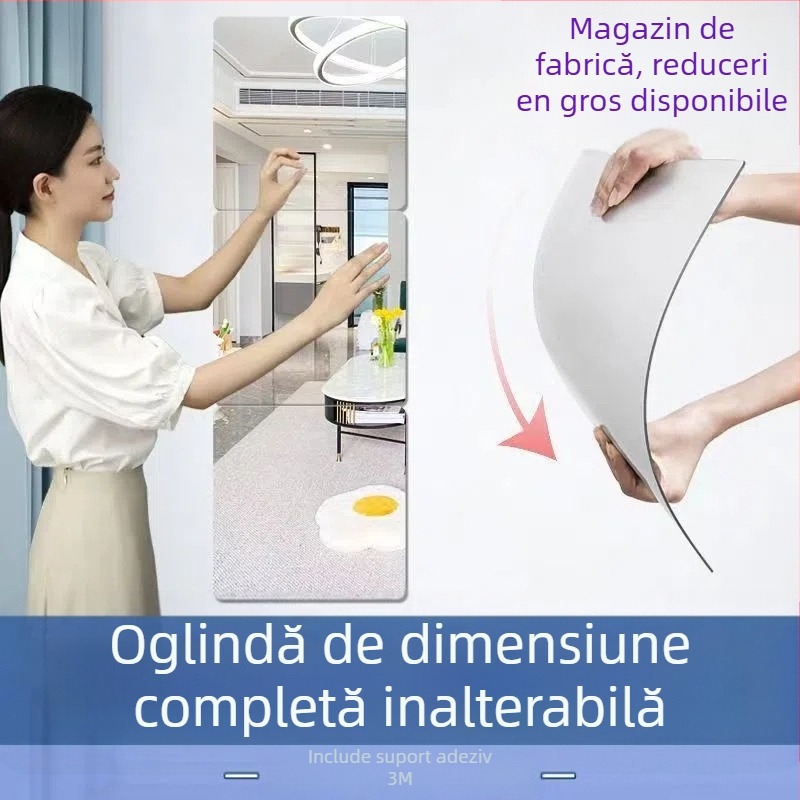 Oglindă de perete din acril – autoadezivă, oglindă pentru întreg corpul pentru dormitor sau cămin, decor de perete decorativ; model pătrat; 1 piesă; potrivită pentru living, dormitor, birou.
