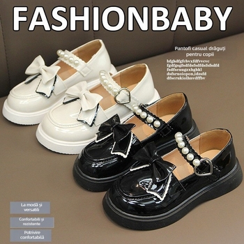 Pantofi din piele pentru fetițe – partea superioară din piele naturală, talpă din cauciuc, respirabili, anti-alunecare, stil britanic