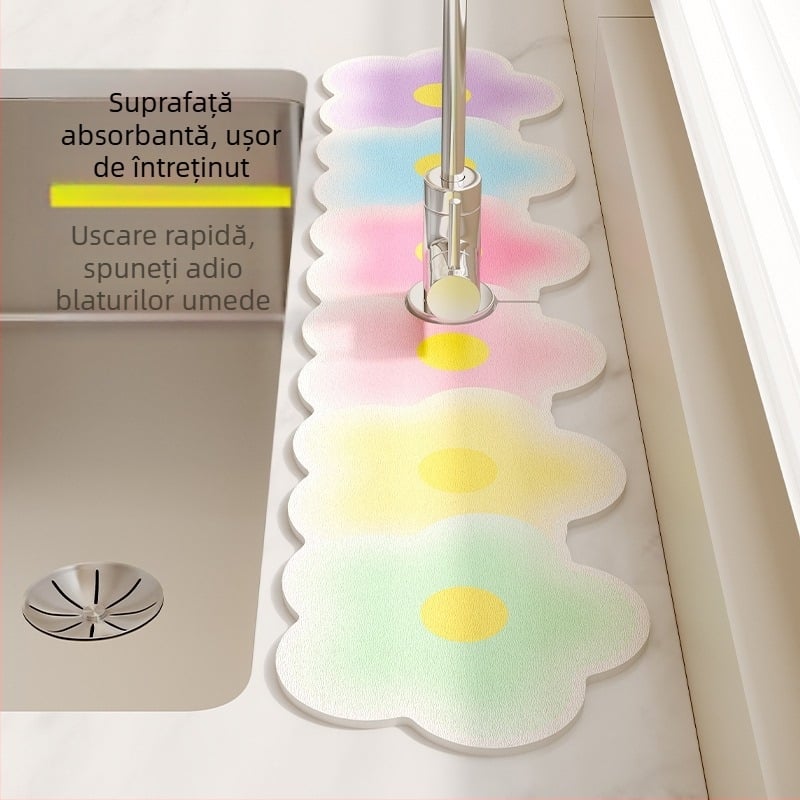 Naisi covoraș absorbant pentru chiuvetă, margine îngustă, covor de drenaj bucătărie și suport pentru baie, cu model floral, PVC