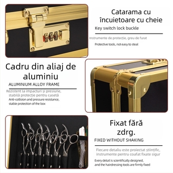 Gold tool box – Cutie din aliaj de aluminiu pentru unelte de coafare, cu lacăt cu combinație, set profesional de unelte pentru frizerie