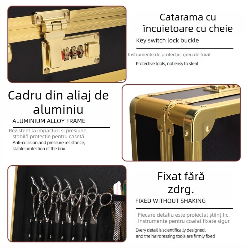 Gold tool box – Cutie din aliaj de aluminiu pentru unelte de coafare, cu lacăt cu combinație, set profesional de unelte pentru frizerie