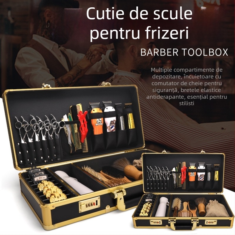 Gold tool box – Cutie din aliaj de aluminiu pentru unelte de coafare, cu lacăt cu combinație, set profesional de unelte pentru frizerie