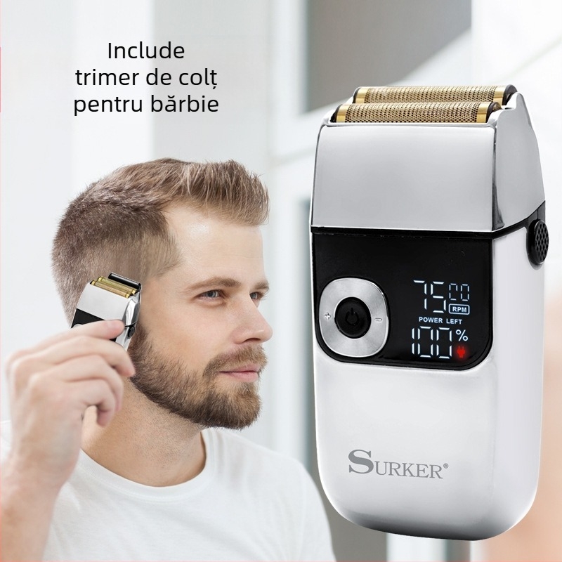 Surker aparat de ras electric cu cap reciproc cu 2 lame, complet lavabil, afișaj LED, motor cu perie, autonomie 120 minute