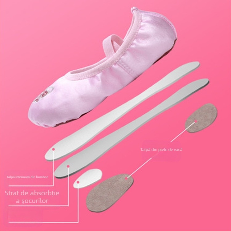 Pantofi balet pentru copii, Iron Arrow, partea superioară din mătase, talpă din piele de vițel, grosime obișnuită