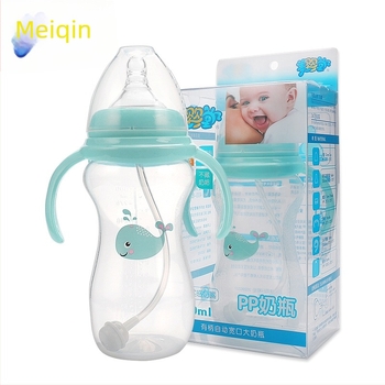 Meiyingtang Sticlă pentru nou-născuți cu mâner, PP, gură largă, formă arcuită, cu logo imprimat