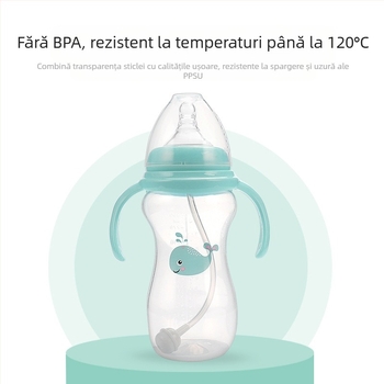Meiyingtang Sticlă pentru nou-născuți cu mâner, PP, gură largă, formă arcuită, cu logo imprimat