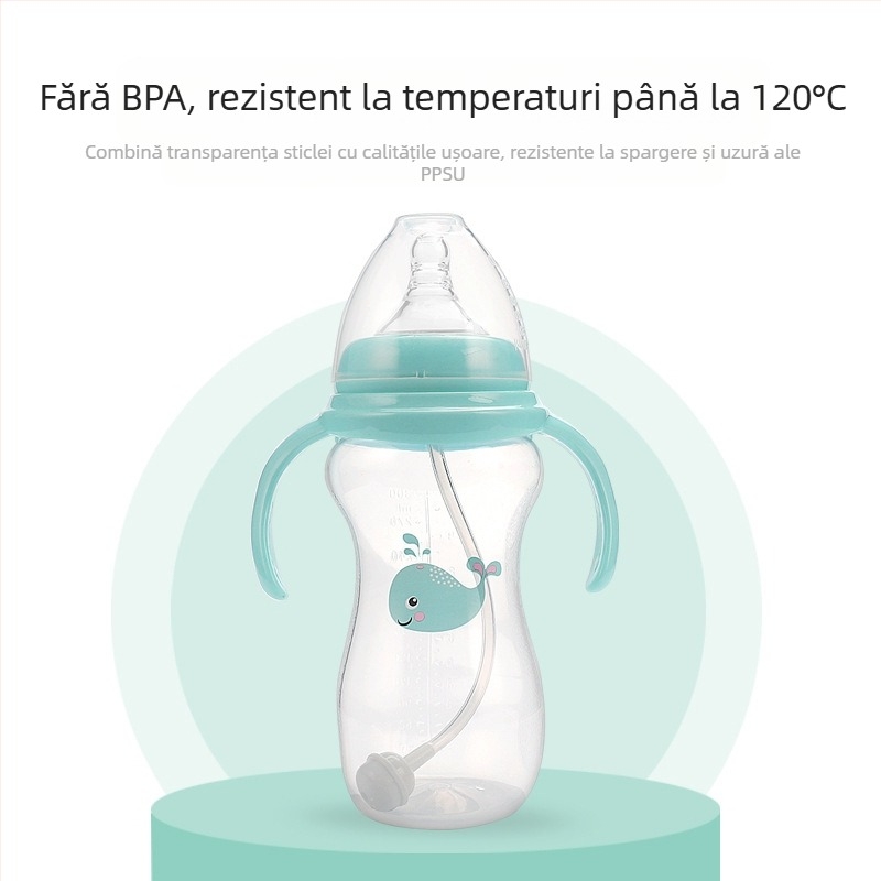 Meiyingtang Sticlă pentru nou-născuți cu mâner, PP, gură largă, formă arcuită, cu logo imprimat