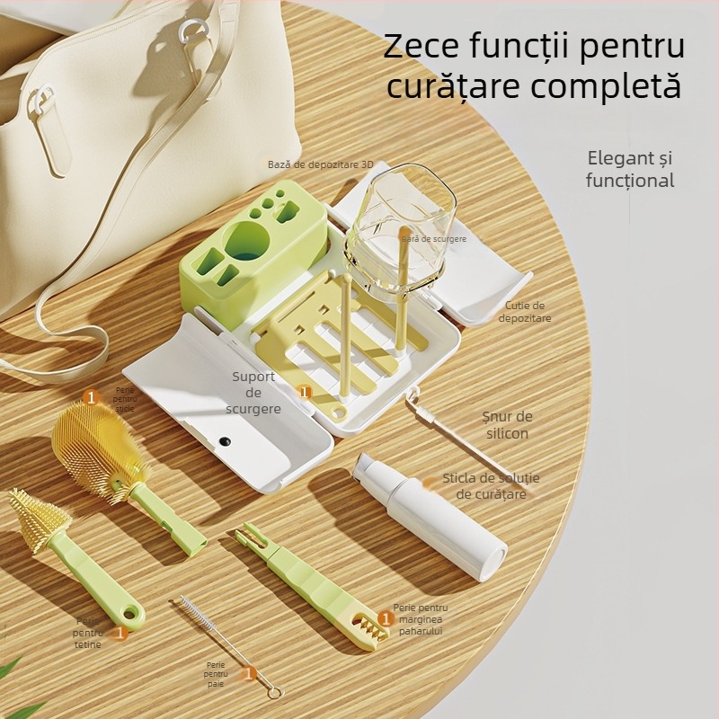 Set de perițe pentru sticle pentru copii, portabil, cu două fețe, pliabil – peri de curățare multifuncționale pentru pahare, perie din silicon și cutie de depozitare