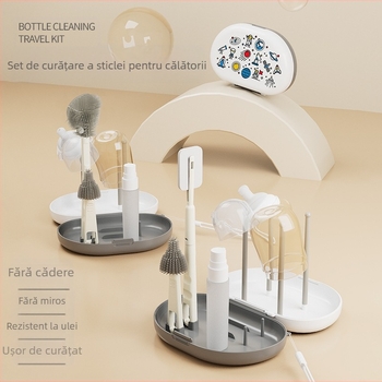 Bonmin Set portabil de perii pentru biberoane – Perii din silicon pentru biberoane, Kit de curățare de călătorie