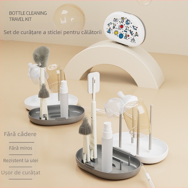 Bonmin Set portabil de perii pentru biberoane – Perii din silicon pentru biberoane, Kit de curățare de călătorie