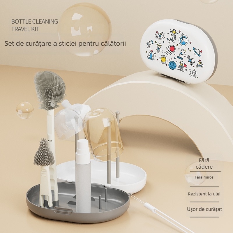 Bonmin Set portabil de perii pentru biberoane – Perii din silicon pentru biberoane, Kit de curățare de călătorie