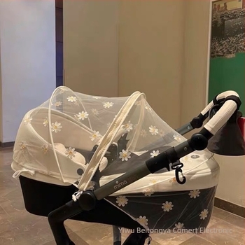 Plasă anti-țânțari pentru căruciorul bebelușului, primăvară-vară, poliester, cadru din oțel, instalare fără montaj, broderie margaretă