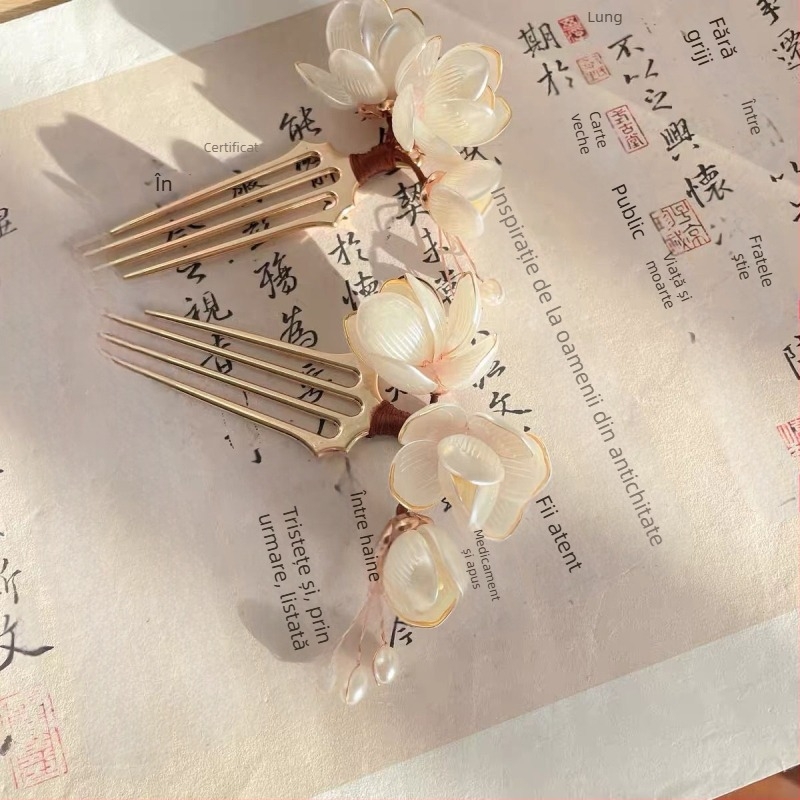 Accesoriu pentru păr Magnolia: ac de păr din aliaj, stil dulce, decor floral, lucrat manual, potrivit pentru festival