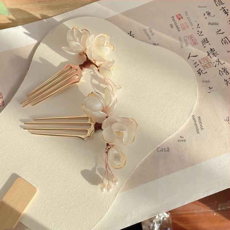 Accesoriu pentru păr Magnolia: ac de păr din aliaj, stil dulce, decor floral, lucrat manual, potrivit pentru festival