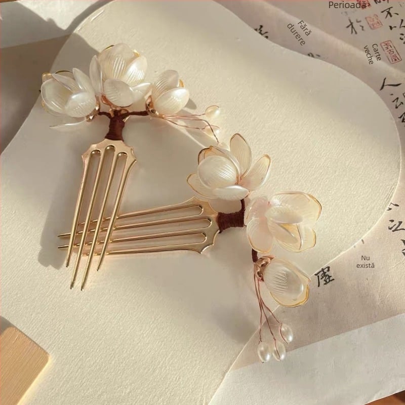 Accesoriu pentru păr Magnolia: ac de păr din aliaj, stil dulce, decor floral, lucrat manual, potrivit pentru festival