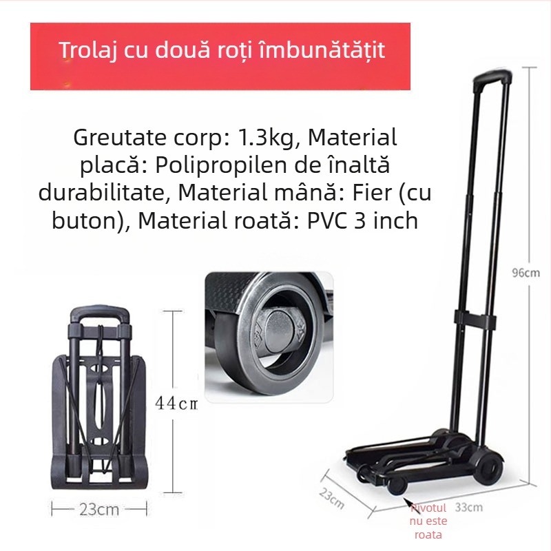 Cărucior pliabil cu două roți, construcție din polipropilenă și tijă metalică; pachet de 10; capacitate maximă 30 kg