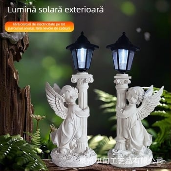 Lampă solară cu înger, coloană romană pentru grădină — din rășină, stil modern și minimalist, Material: rășină, Brand: Seven-color incense