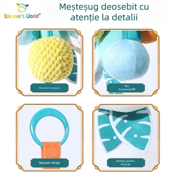 Jucărie agățată din pluș cu clopoțel și sunet carillon, animal desen animat, pentru pătuț, cărucior sau scaun auto; stimulează dezvoltarea senzorială și motorie timpurie (vedere, prindere, auz) și comunicarea părinte-copil.