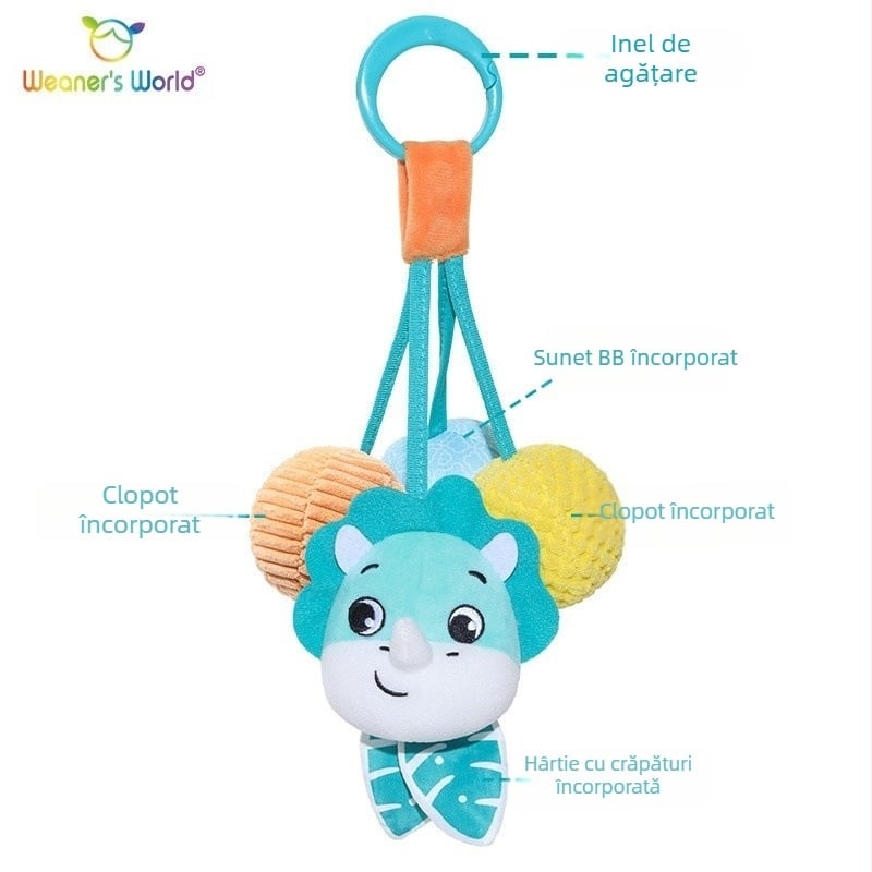 Jucărie agățată din pluș cu clopoțel și sunet carillon, animal desen animat, pentru pătuț, cărucior sau scaun auto; stimulează dezvoltarea senzorială și motorie timpurie (vedere, prindere, auz) și comunicarea părinte-copil.