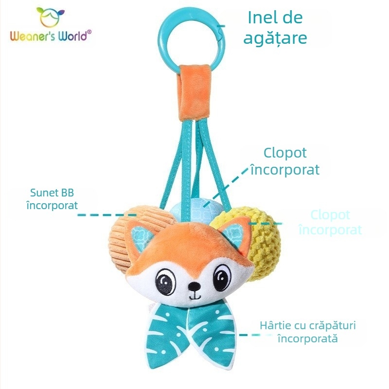 Jucărie agățată din pluș cu clopoțel și sunet carillon, animal desen animat, pentru pătuț, cărucior sau scaun auto; stimulează dezvoltarea senzorială și motorie timpurie (vedere, prindere, auz) și comunicarea părinte-copil.