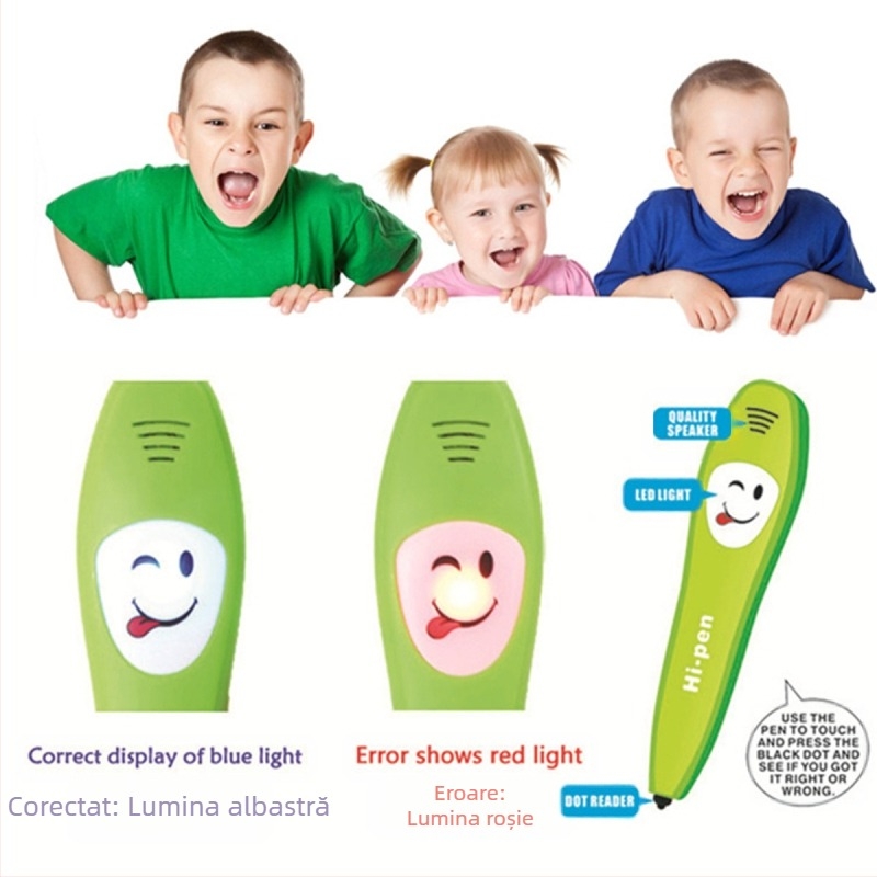 Stilou educativ de citire prin atingere pentru învățarea limbii engleze – funcții interactive: jocuri părinte-copil, recunoaștere vocală, muzică și sunete; material: plastic; alimentare: baterie uscată obișnuită; vârstă: 7–14 ani