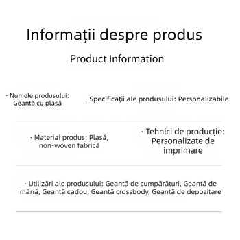 Geantă de cumpărături din plasă cu capacitate mare, mâner de mână, imprimare logo personalizabilă, metode de imprimare: transfer termic, serigrafie, offset, imprimare în relief