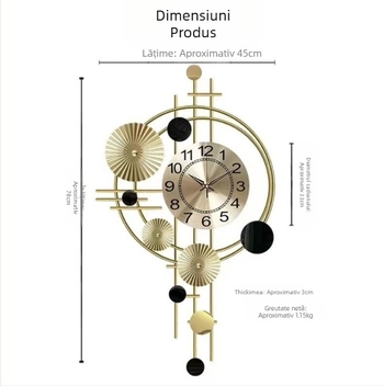 Ceas de perete rotund din metal, mecanism cuarț Aishida 005, alimentat cu baterie, design modern minimalist, decorativ, potrivit pentru living, dormitor și birou, cu față unică