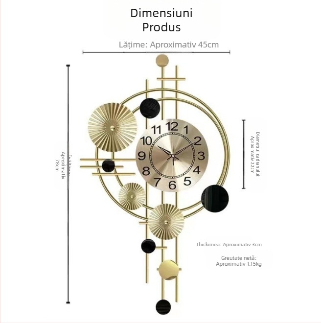 Ceas de perete rotund din metal, mecanism cuarț Aishida 005, alimentat cu baterie, design modern minimalist, decorativ, potrivit pentru living, dormitor și birou, cu față unică