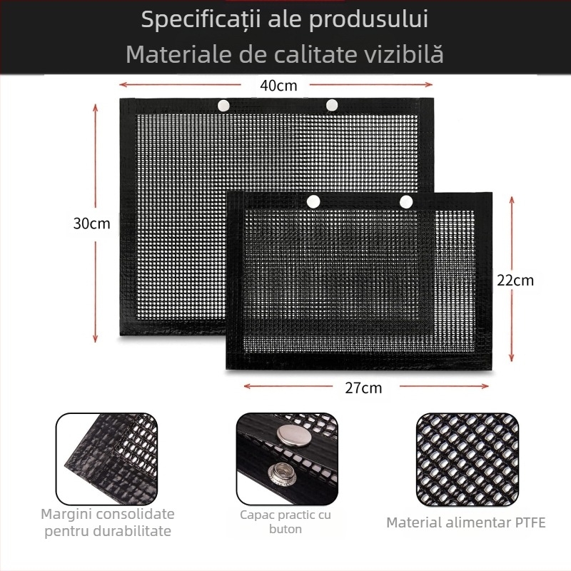 Sac de grătar din plasă, teflon, formă pătrată, antiaderent, rezistent la temperaturi înalte