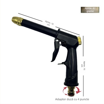 Pistol de spălat auto cu presiune înaltă, cap de duză placat cu aluminiu cu cupru, corp și mâner din materiale plastice inginerești, presiune de la robinet, greutate 0,098 kg