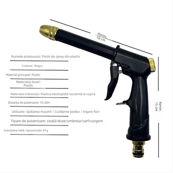 Pistol de spălat auto cu presiune înaltă, cap de duză placat cu aluminiu cu cupru, corp și mâner din materiale plastice inginerești, presiune de la robinet, greutate 0,098 kg