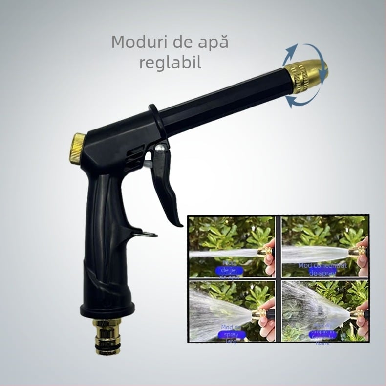 Pistol de spălat auto cu presiune înaltă, cap de duză placat cu aluminiu cu cupru, corp și mâner din materiale plastice inginerești, presiune de la robinet, greutate 0,098 kg