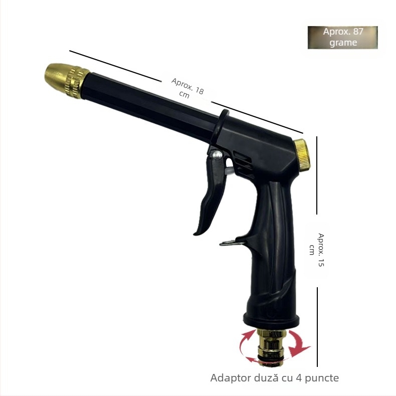 Pistol de spălat auto cu presiune înaltă, cap de duză placat cu aluminiu cu cupru, corp și mâner din materiale plastice inginerești, presiune de la robinet, greutate 0,098 kg